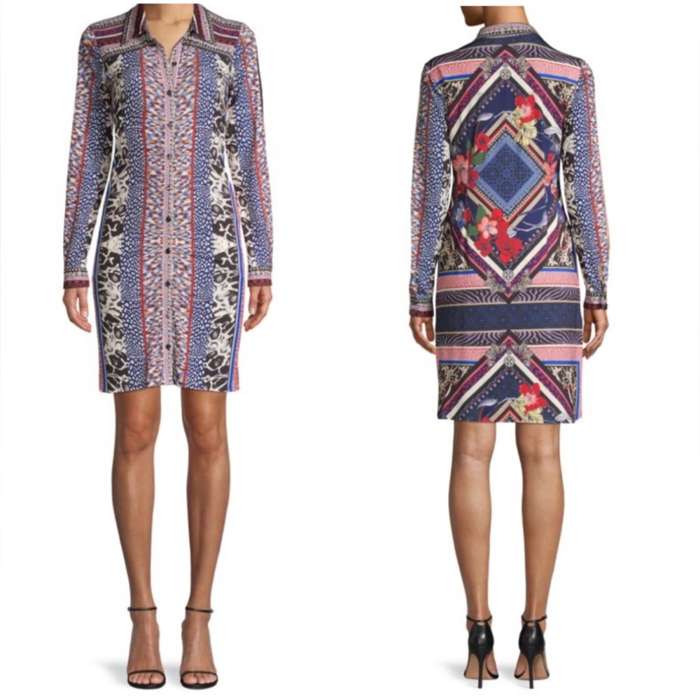 Hale Bob Multicolor Animal Print and Floral Long Sleeve Shirtdress Sz S